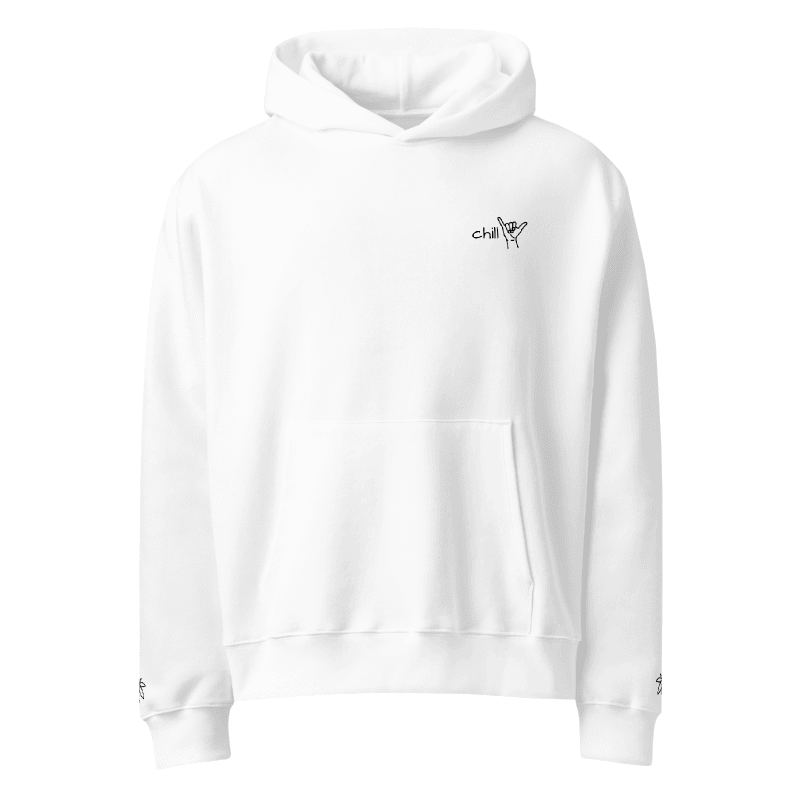 White oversized unisex heavyweight Chill Gang Hoodie, filled front view, with black chest artwork