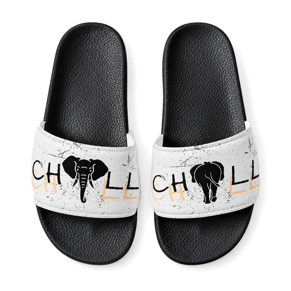 Chill Gang Slides — Elephant with illustrated straps and black soles, front view